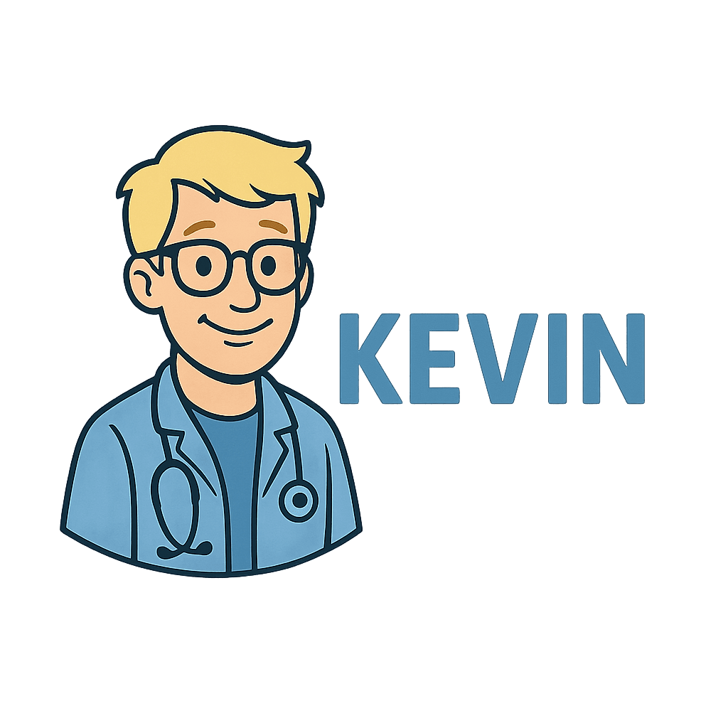Kevin!, a cartoon clinician in a blue coat with a stethoscope